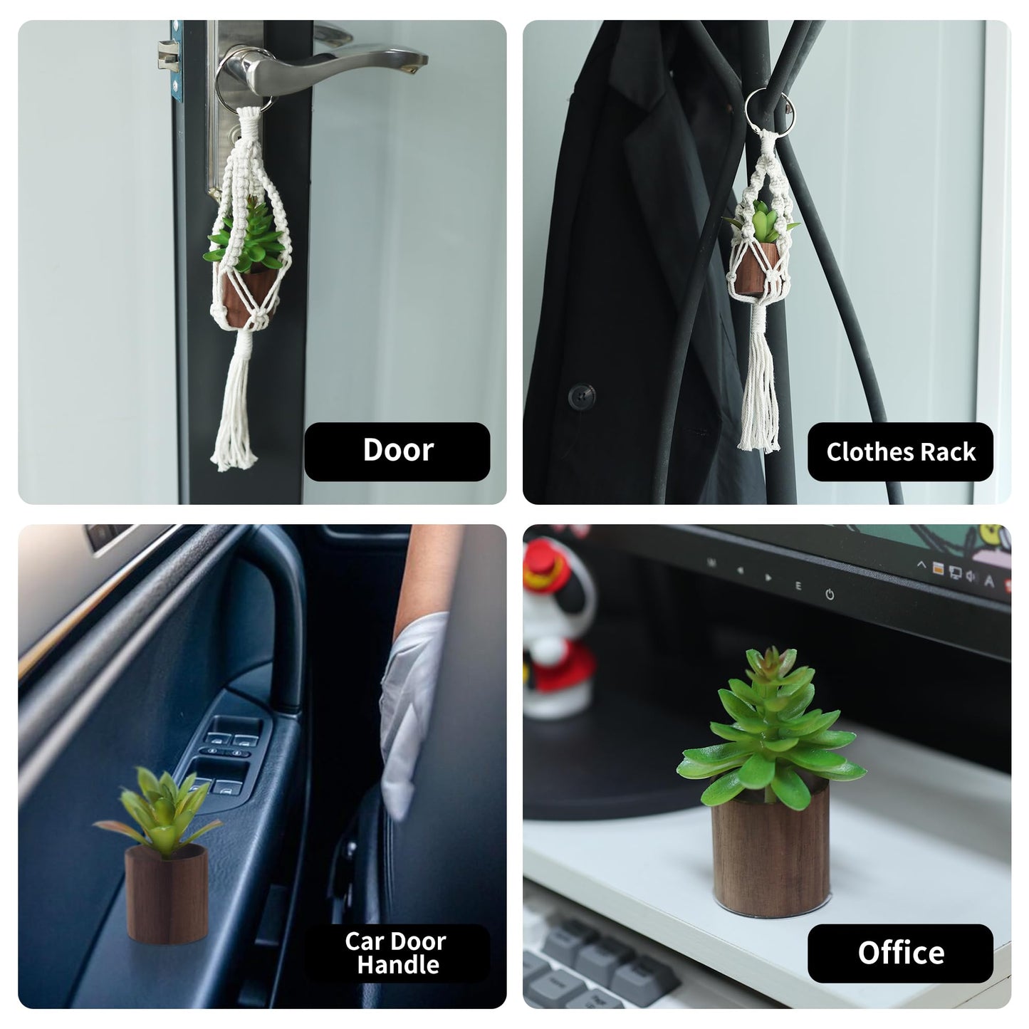 GAGILAND 2 Pack Car Mirror Hanging Accessories Mini Macrame Crochet Plant Car Air Freshener with Wooden Essential Oil Diffusers Reusable Cute Boho Plant for Rear View Mirror Home Office Decor