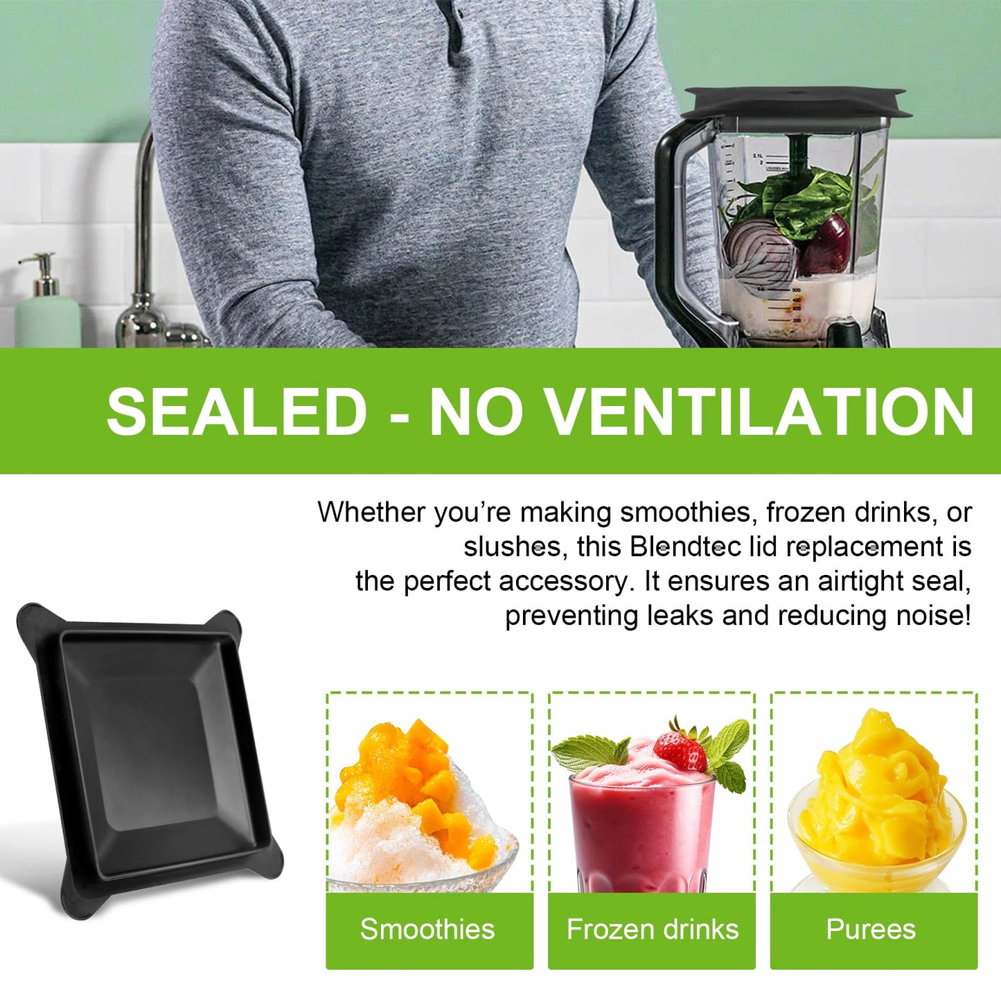 Blender Lid Replacement for Blendtec 200086 Soft Rubber Lid Fits for FourSide & WildSide Jars Commercial Blender Black Rubber Lids for Blendtec Blender Top Accessories, Non-Vented, 1 Pcs