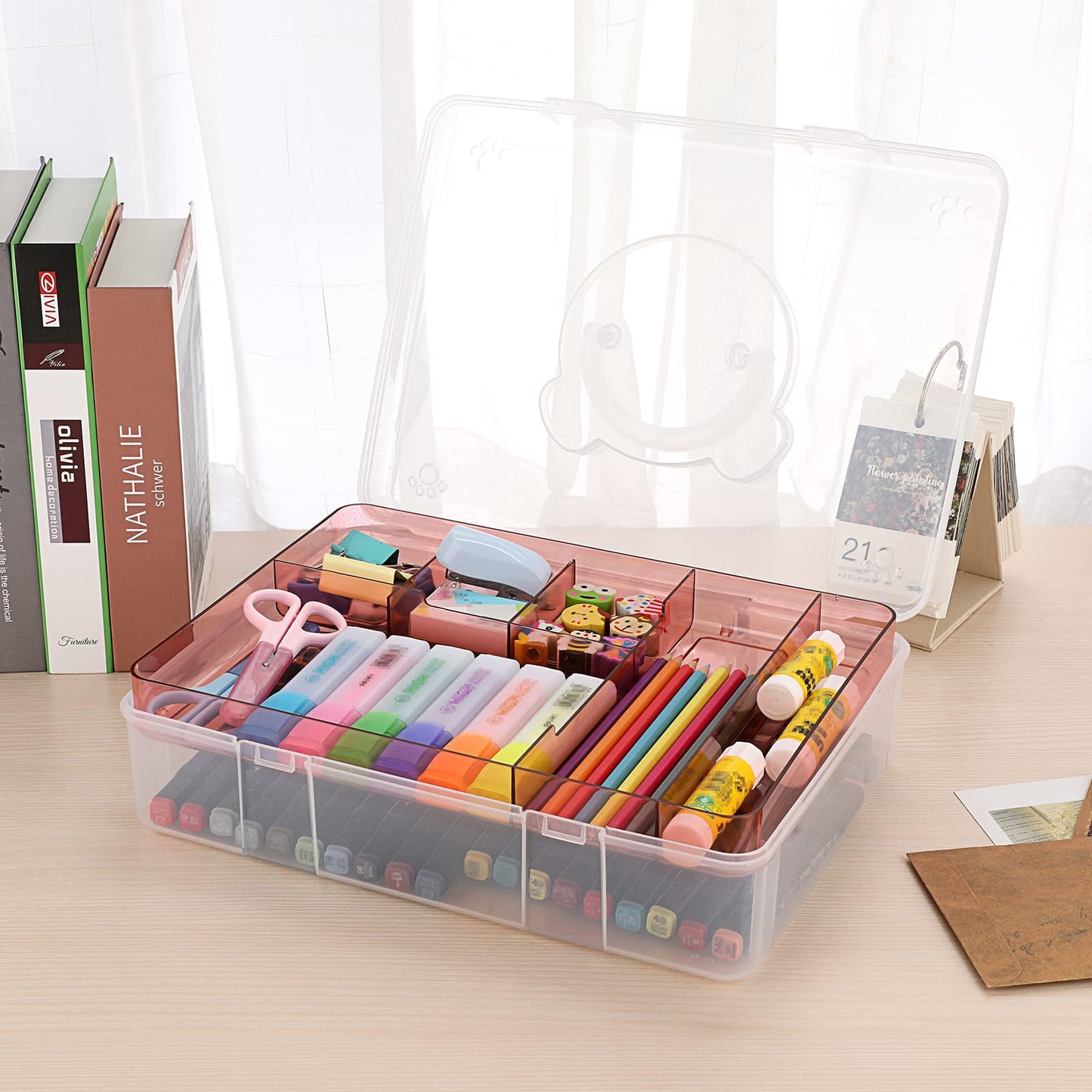 BTSKY 2-Tier Cute Bear Storage Box with Removable Divided Tray Portable Clear Plastic Art Craft Supply Organizer Stackable Home Office Supplies Storage Container for Pens Notes A4 papers etc (Pink)