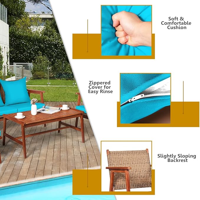 COSTWAY 4 Pieces Acacia Wood Patio Conversation Set, Outdoor Wicker Sofa with Coffee Table & Cushions, Patio Rattan Furniture Set for Yard, Porch, Poolside, Balcony, Backyard, Turquoise