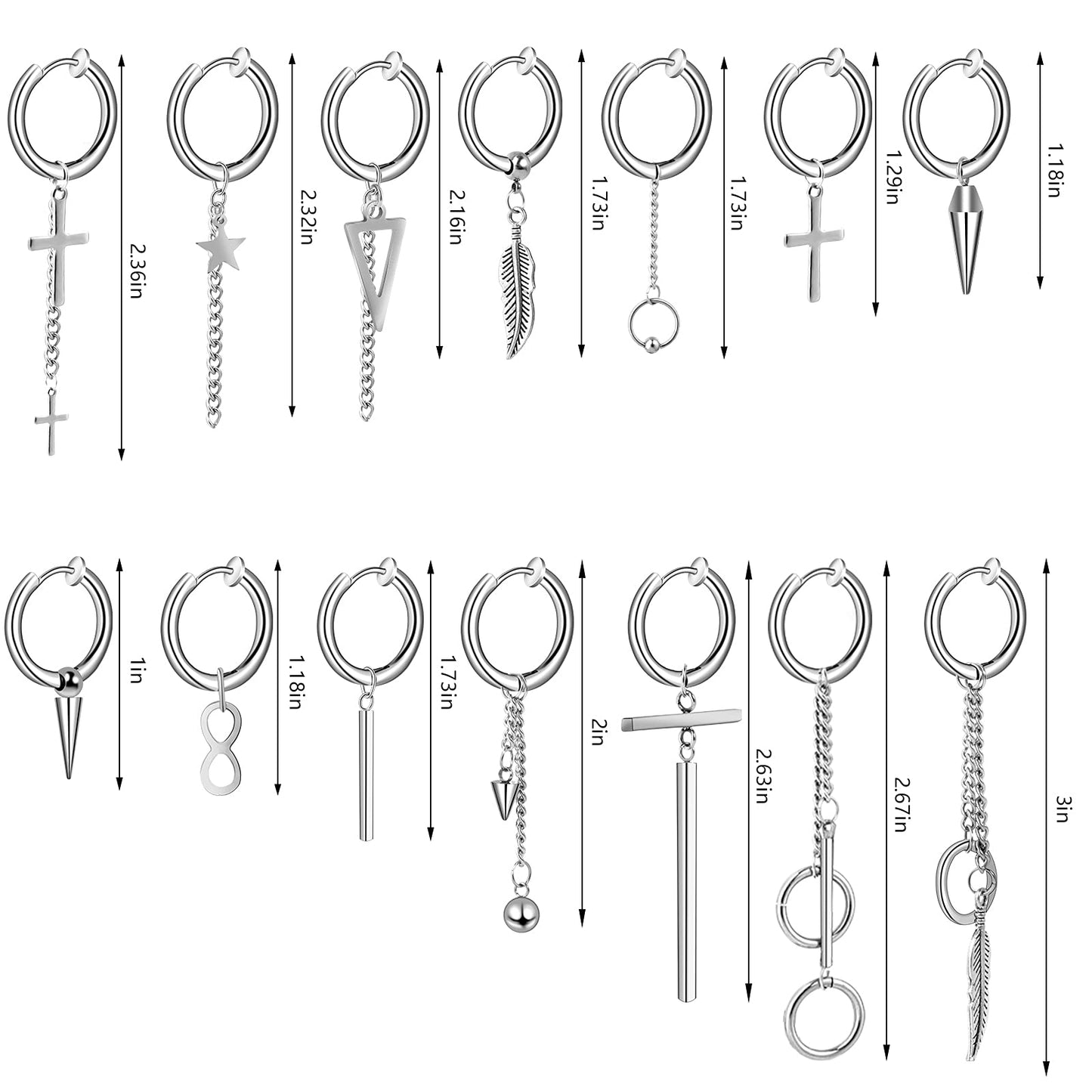 ONESING 20 Pcs Mens Dangle Earrings Stainless Steel Dangle Hoop Earrings