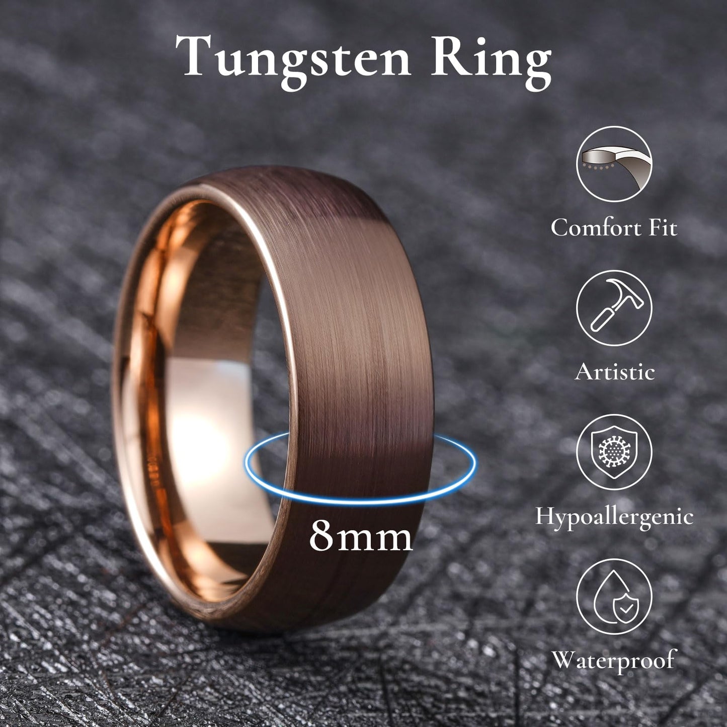 King Will 8mm Brown and Rose Gold Wedding Band for Men Women, Domed Brushed Tungsten Carbide Rings, Comfort Fit, Size 10.5