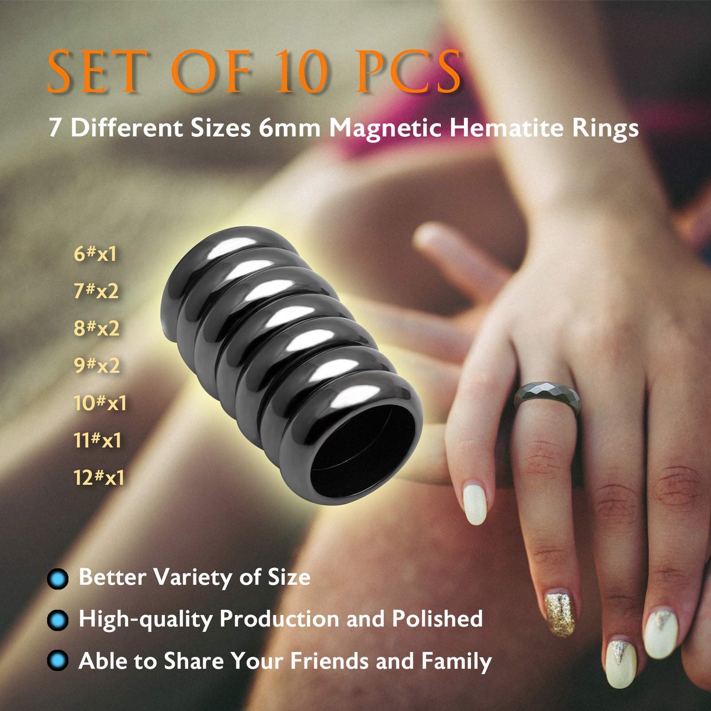 Morchic 10Pcs Pack Magnetic Hematite Stone Rings for Women & Men, Unisex Plain Band Set (6mm Width) - Mixed Sizes 6-12, Chakra Balancing, Polished Gemstone, Gift Ready