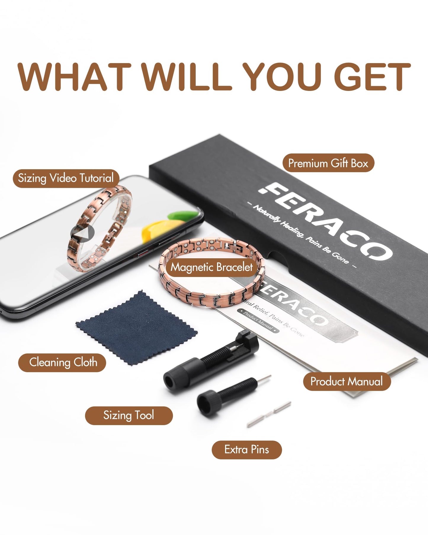 Feraco Copper Bracelets for Women, 2X Ultra Strength Magnetic Bracelet with 3500 Gauss Magnets, Adjustable with Sizing Tool, 99.99% Pure Copper Jewelry
