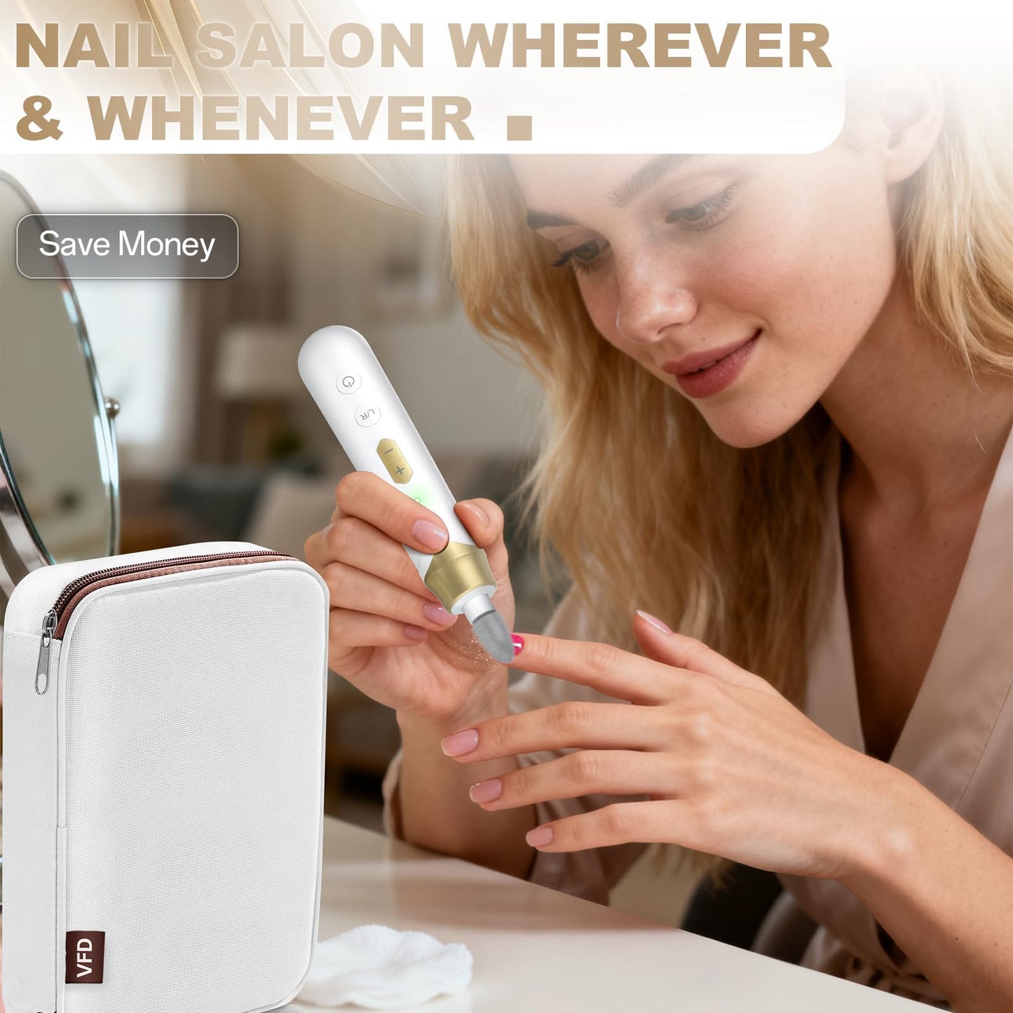 Electric Nail File Drill, Cordless 2000 mAh Rechargeable Nail Filer Electric, Portable Nail Dril Machine Drill for Nails Acrylic Manicure and Thick Toenails Buffer Grinder Care Professional (Golden)