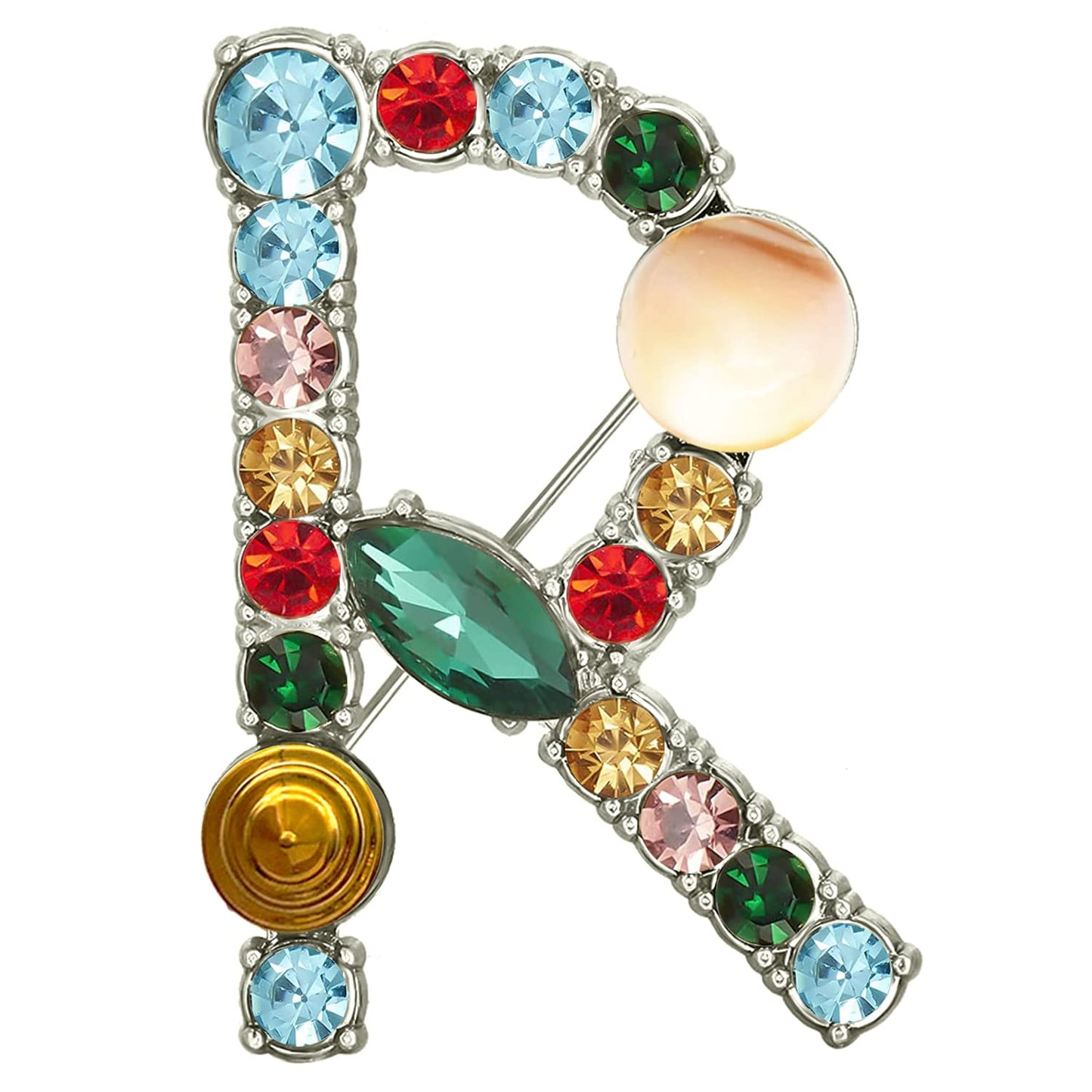 XGALBLA Letters R Plated Metal Stone Clear Colorful Crystal Lapel Pin Brooches Collar(Silver Tone)