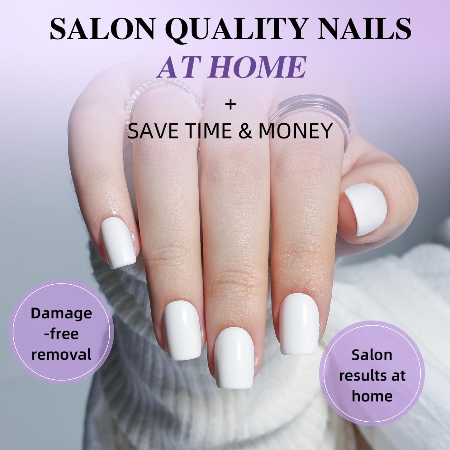 White Press On Nails - Short Square Press On Nails, Glossy Reusable Nails Press Ons for Women DIY Fake Nails 30 Count 15 Sizes Nail Kit with Glue