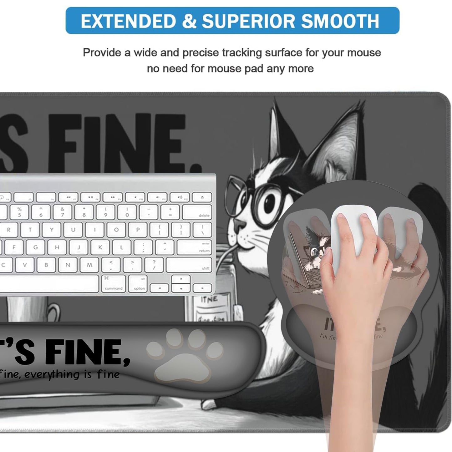 AQQA Funny Keyboard Mouse Pad Set,XXL Mouse Mat+Keyboard Wrist Rest Support, Cat Ergonomic Mouse Pad with Wrist Rest, 4 Pcs Cute Office Desk Accessories,35.4×15.7 in