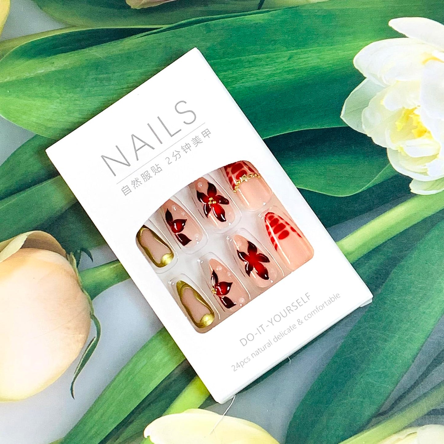 EYZOTSF Press on Almond Nails Medium Length Glossy Full Cover Acrylic Almond Shaped False Nails with Designs Artificial Fake Nail with Charms Glue Stick ons Fingernails for Women Girls(Z1099)