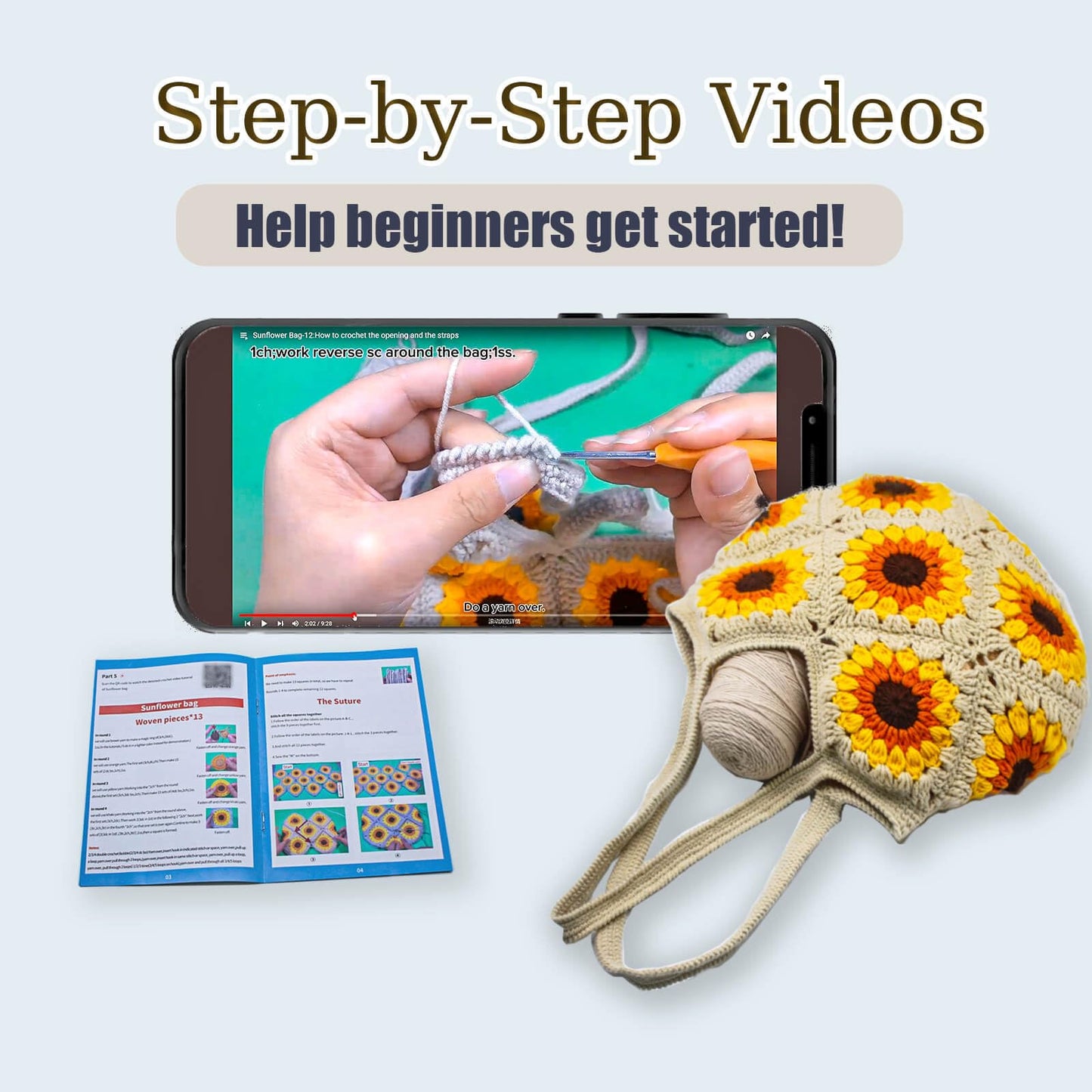 Anbaagsky Crochet kit for Beginners Sunflower Tote Bag Granny Square Crochet Tote Bag with Step-by-Step Video Tutorials Knitting Kit Beginner Crochet Kit for Adults