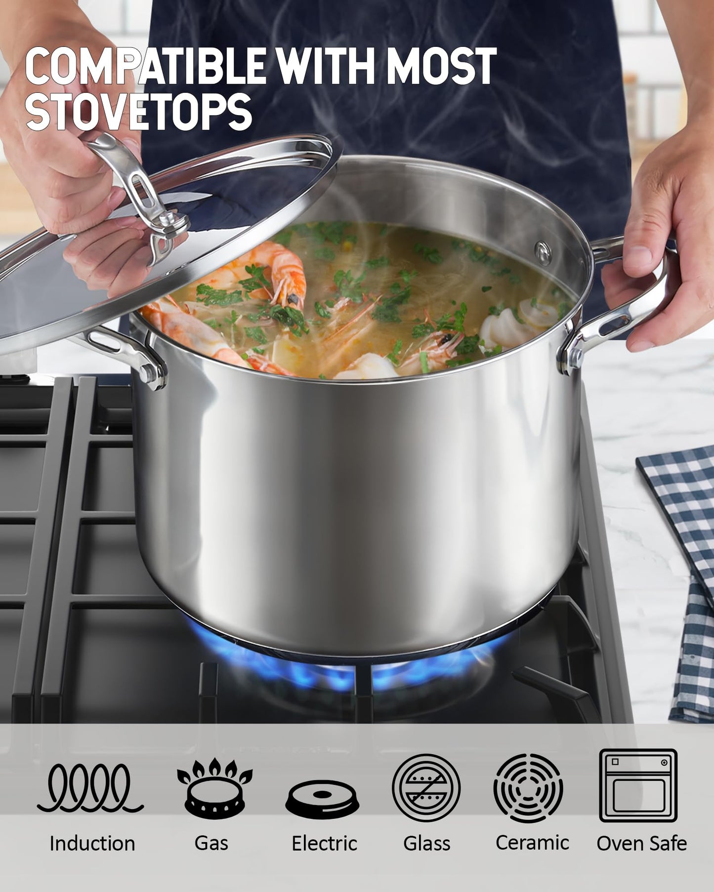 Cooks Standard 18/10 Stainless Steel Stockpot 8-Quart, Classic Deep Cooking Pot Canning Cookware with Stainless Steel Lid, Silver