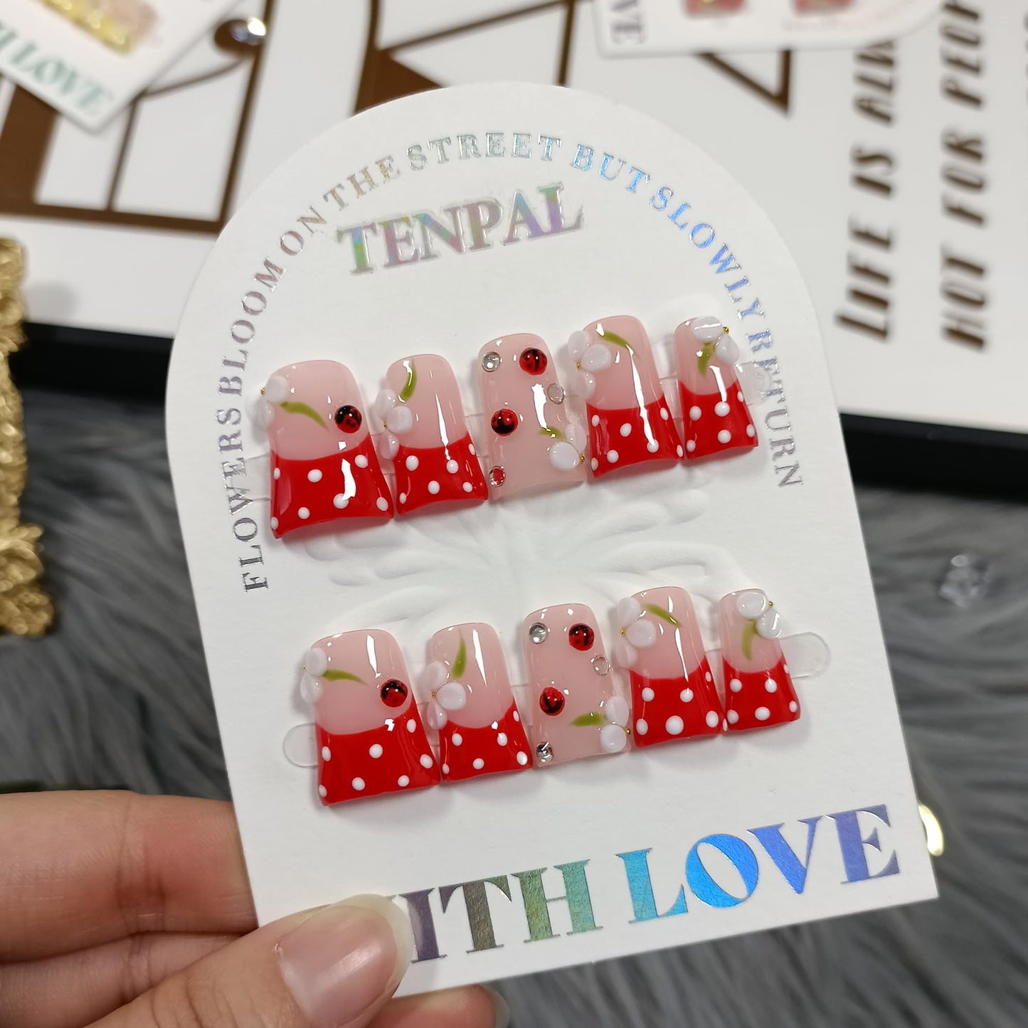 Duckbill Press on Nails - Red French with White Polka Dots & Glass Beads | Glossy Handmade False Nails | Kawaii Cherry Style for Spring(L)