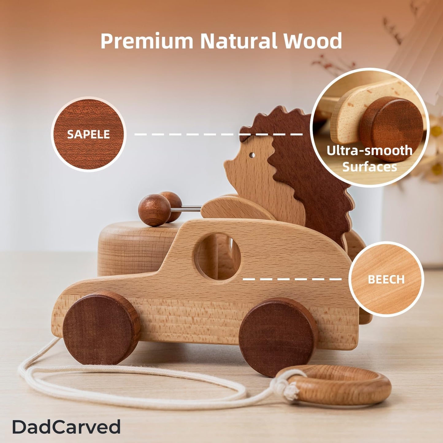 DadCarved Hedgehog Pull-Along Toy | Musical Wooden Pull Toy with Wooden Grip Ring | Natural Drumming Sound for Toddlers 1.5+ Years