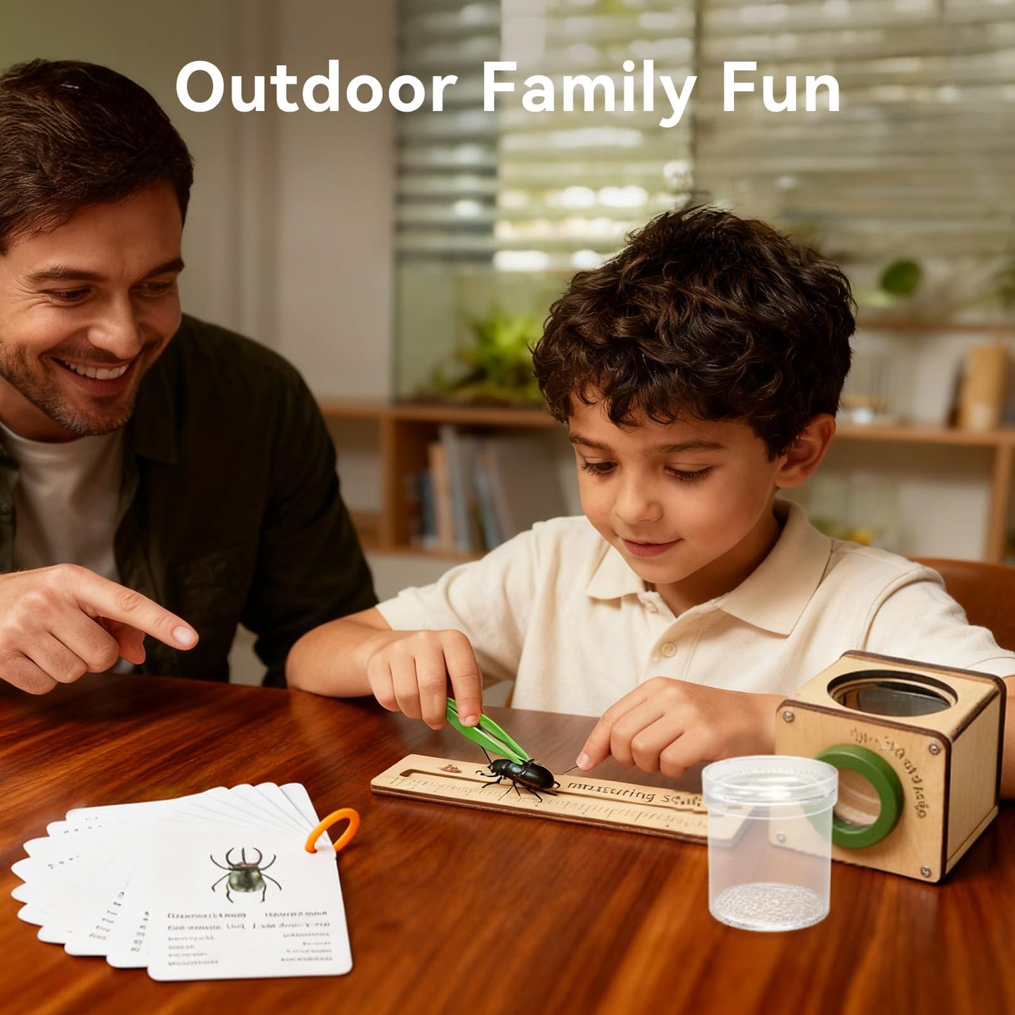 Wooden Bug Catcher for Kids, Tri-View Bug Viewer Kit, Top & Bottom Magnifiers, Insect Observation Container with Tweezers, Ruler & 10 Insect Cards, STEM Outdoor Explorer Toy