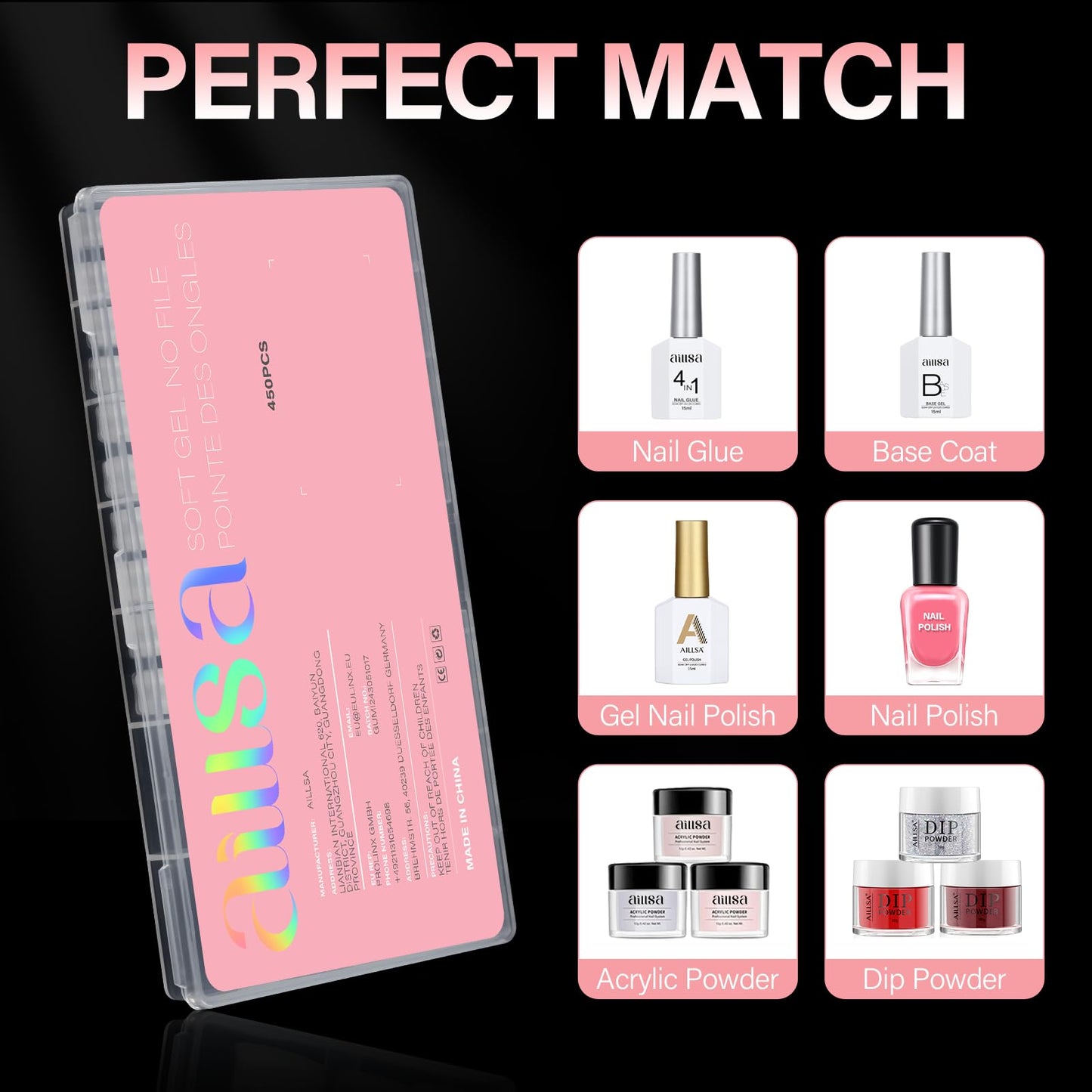 AILLSA Medium Square Nail Tips 450PCS Full Cover Nail Tips Matte Acrylic Upgraded No Need Files Press on Fake Nails Tips for Extension Home DIY Nail Salon 15 Sizes