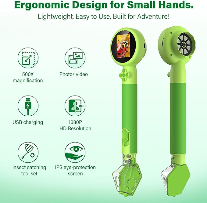 Microscope for Kids with Bug Catcher, 1080P HD Digital Handheld Portable Kids Microscope, 2 in 1 STEM Science Educational Learning Kit Christmas Birthday Gifts Toys for 3-15 Boys & Girls (Green)