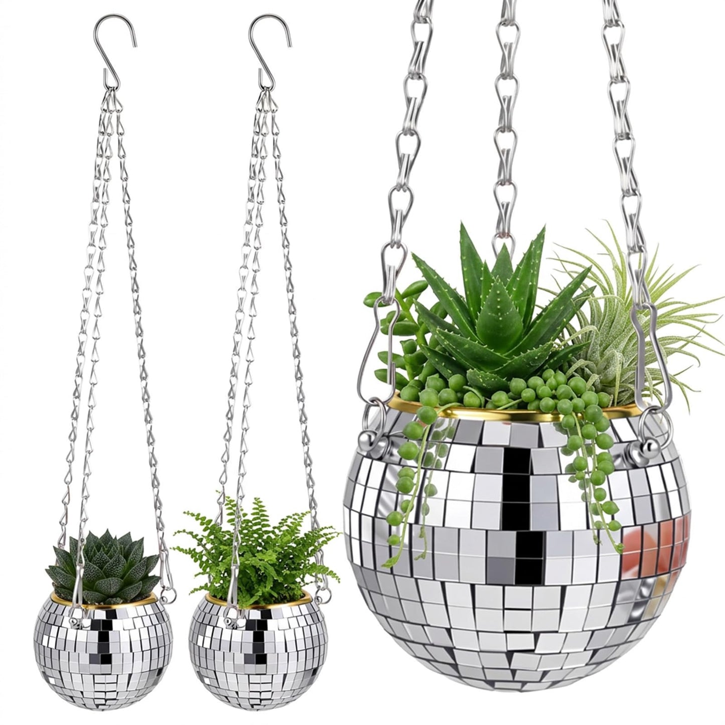 Ubamdom 3 Pcs Hanging Disco Ball Planter, Sliver Disco Mirror Ball Planter with Chain, Home Boho Hanging Planter for Indoor Outdoor Plants, 4Inch