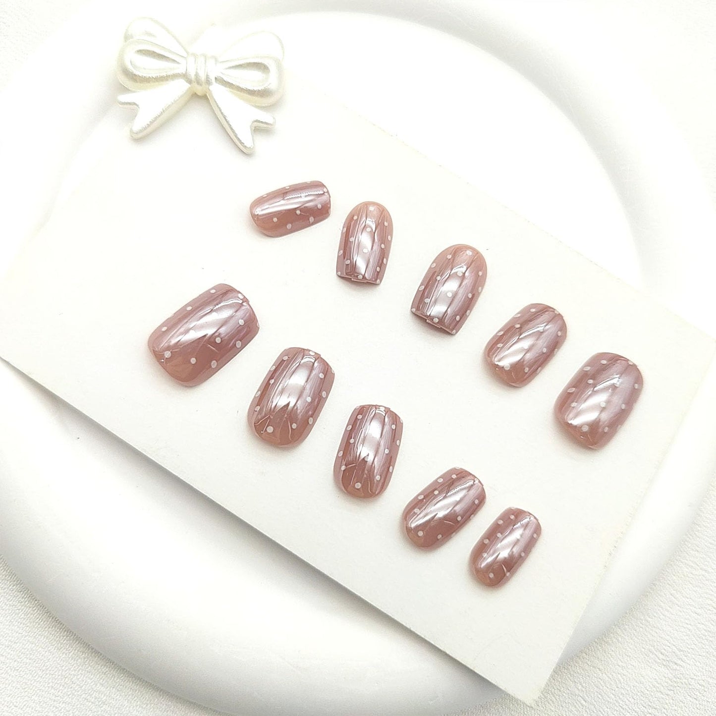Square Press on Nails Short Fake Nails with White Polka Dot Designs Nails Press ons Nude Glue on Nails Glossy Acrylic Nails Cute Artificial Nails Simple Stick on Nails for Women 24Pcs