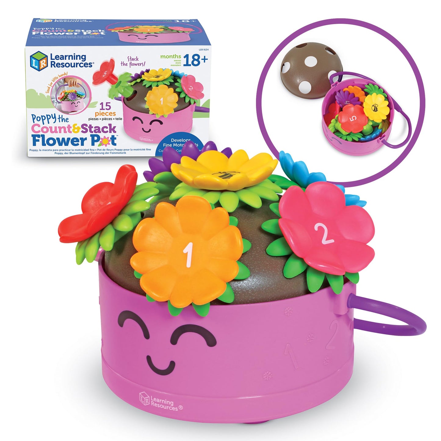 Learning Resources Poppy the Count & Stack Flower Pot - 15 Pieces, Ages 18+ Months, Toddler Fine Motor and Sensory Toys, Preschool Activity, Montessori