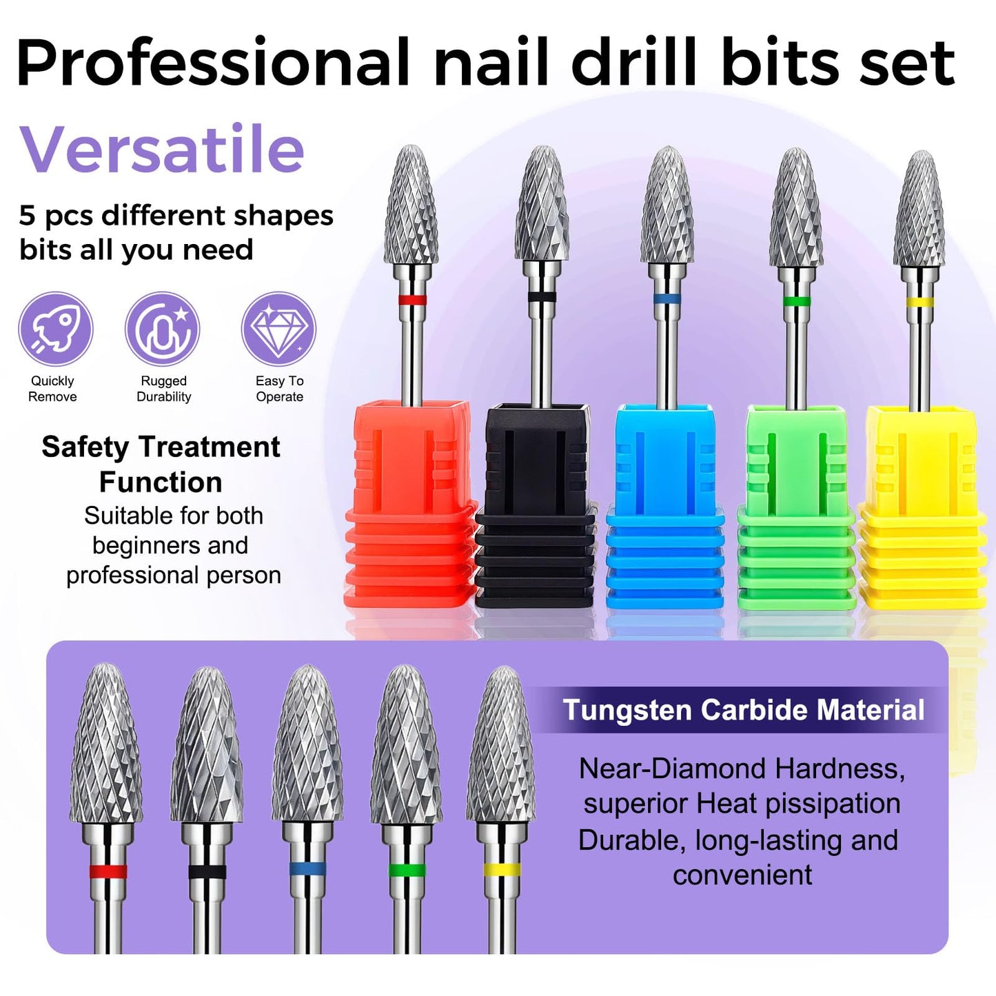 Fantexy Nail Drill Bits Set for Acrylic Nails,3/32 Inch Professional Tungsten Nail File Bits Nail Art Tools,Manicure Pedicure Shapen Remove Tools, Home Salon Use(5Pieces