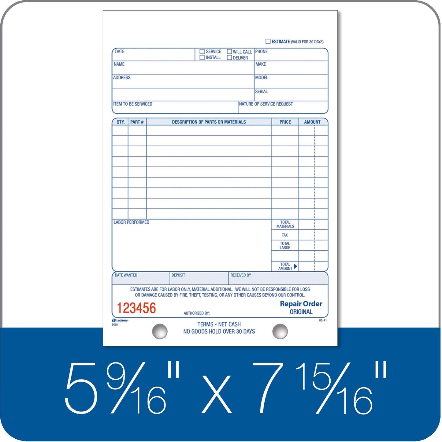Adams Repair Order Book, 3-Part Carbonless, White/White/White, 5-9/16 x 8-7/16 Inches, 50 Sets (T5084)
