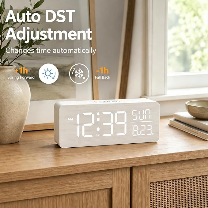 Peakeep Wooden Digital Alarm Clock Large Display, Textured Decoration