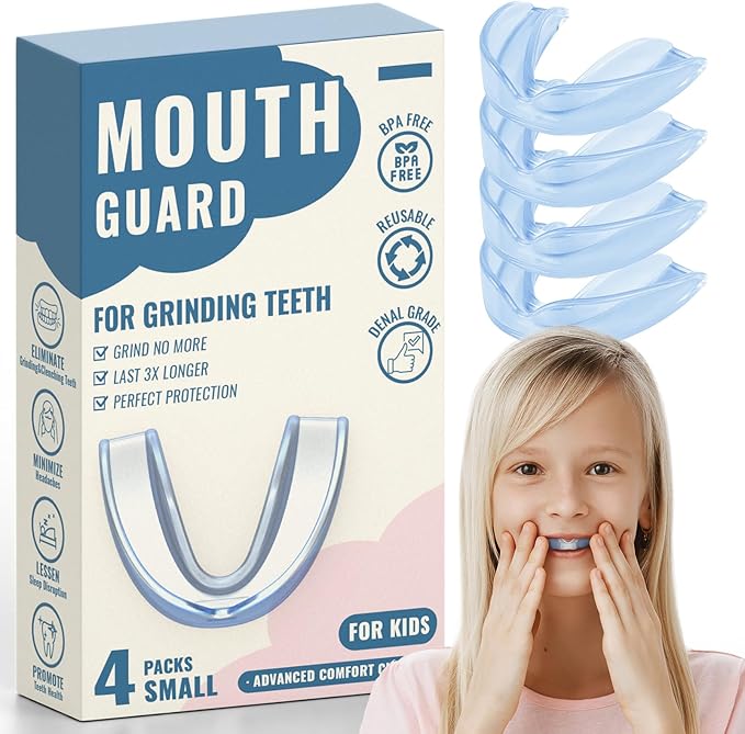 Blue Kids Mouth Guard for Clenching Grinding Teeth,4 Pack Comfortable Night Guard,Moldable Child Bite Guard for Clenching Teeth,Mouthguard for Kids