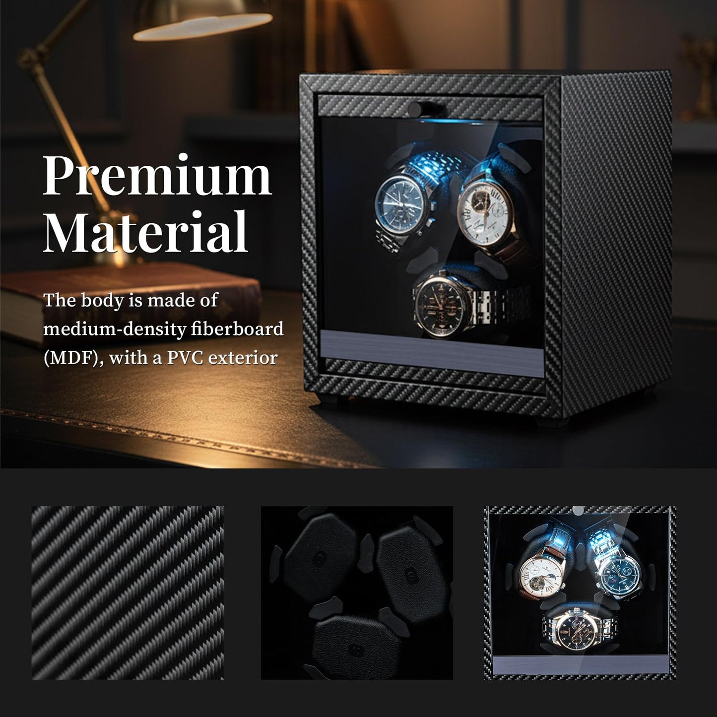 Mcbazel Watch Winder for Automatic Watches, 4 Rotation Modes Watch Winder Box with Super Quiet Motor, Blue LED Light, Memory Foam Pillows, Gift for Men & Women [Black]