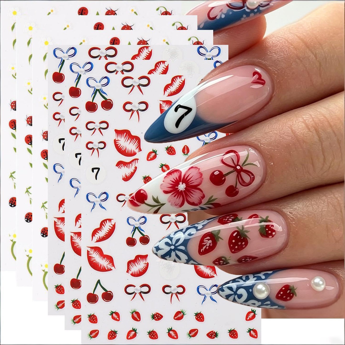 Strawberry Lips Nail Art Stickers Bow Cherry Nail Art Decals 3D 6Sheets Self-Adhesive Fruit Stickers Beetle Flower Leaf Nail Designs for Women Summer Fresh Style Nail Supplies Decorations