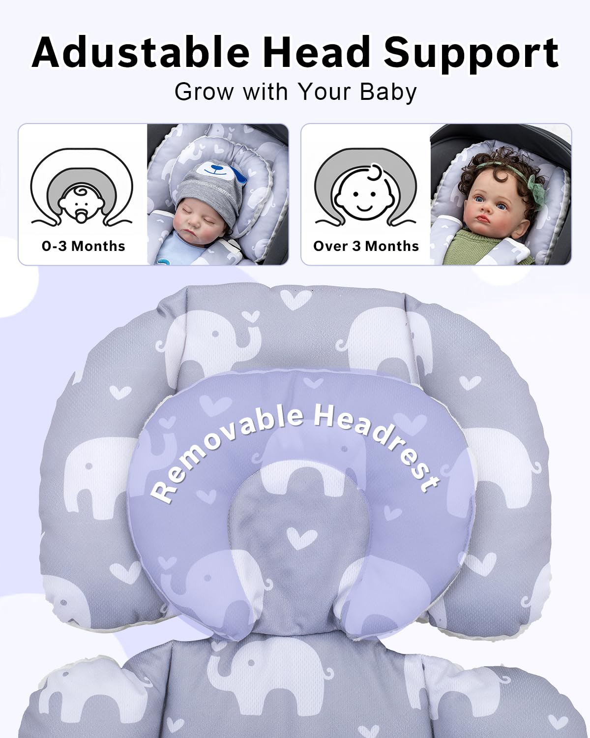 Baby Car Seat Head Support with Extra Headrest, Adjustable Infant Car Seat Insert with Shoulder Pads Set, Breathable Mink Dot Carseat Cushion for Newborn, Fits for Stroller, Baby Swing, Bouncer