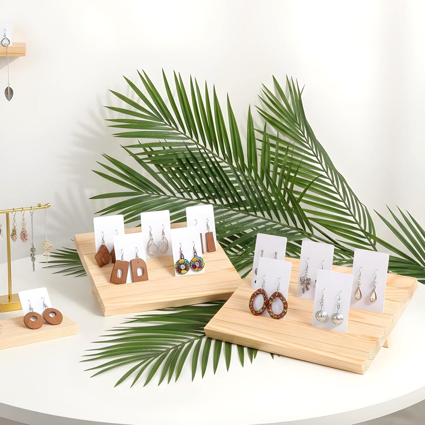 62 Pcs Wood Earring Display Stand Earring Card Display 2 Sets of Holder with Cards Jewelry Stands for Selling