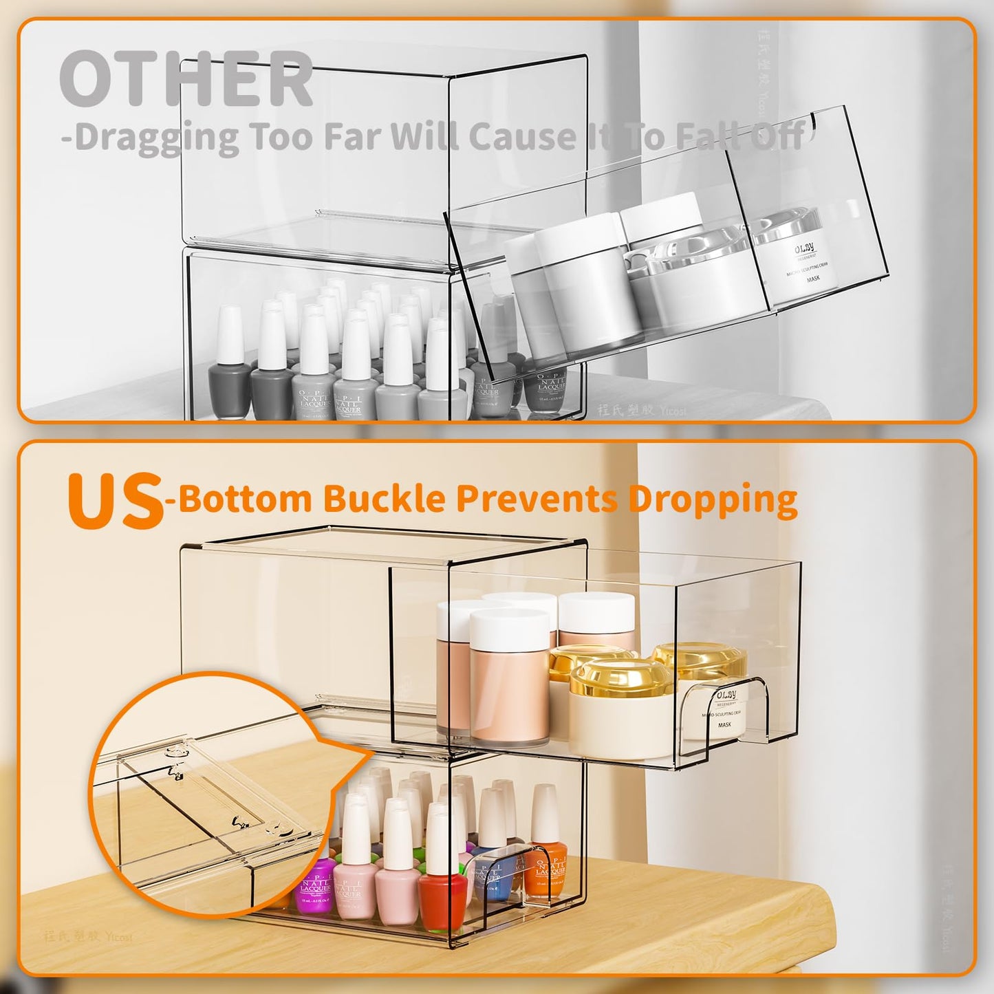 Yieach 2 Pack Clear Stackable Storage Drawers,4.4'' Tall Acrylic Drawer Containers for Organizing,Bathroom Organizers and Storage Bin Box,Plastic Makeup,Medicine Organizer Bins for Cabinet,Undersink