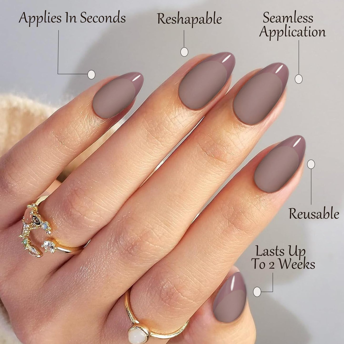 Press On Nails Short Almond Brown Nails with Glossy French Tips in a Matte Finish 16 Sizes - 32 Nail Kit with Glue