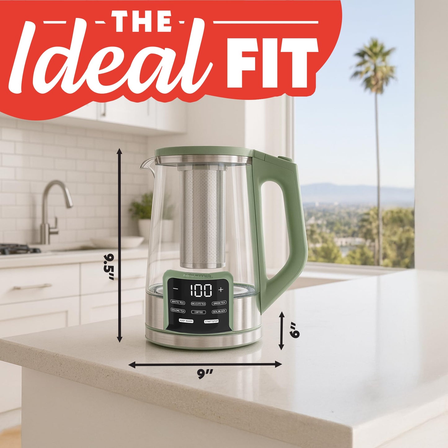 Gourmia Electric Glass Kettle – 1.7L Programmable Tea & Coffee Brewer with Digital Touch Display, 6 Presets, Removable Stainless Steel Infuser, Cordless with 360° Swivel Base, Green
