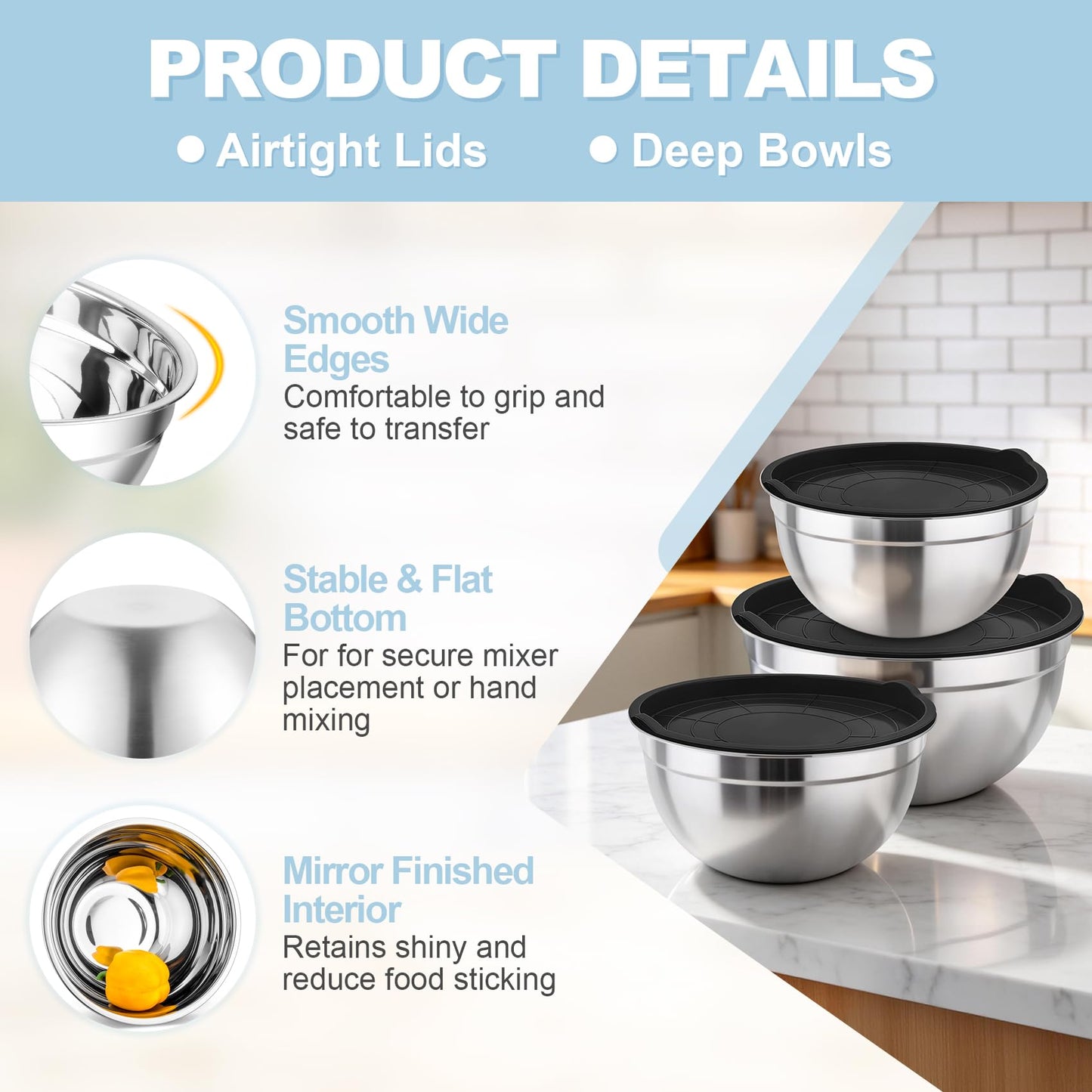 TeamFar Mixing Bowls, Stainless Steel Nesting Salad Bowls with Airtight Lids Set, For Serving/Mixing/Storing, Healthy & Long-lasting, Dishwasher Safe & Easy Clean, 4.6/3 / 1.5 QT, Black