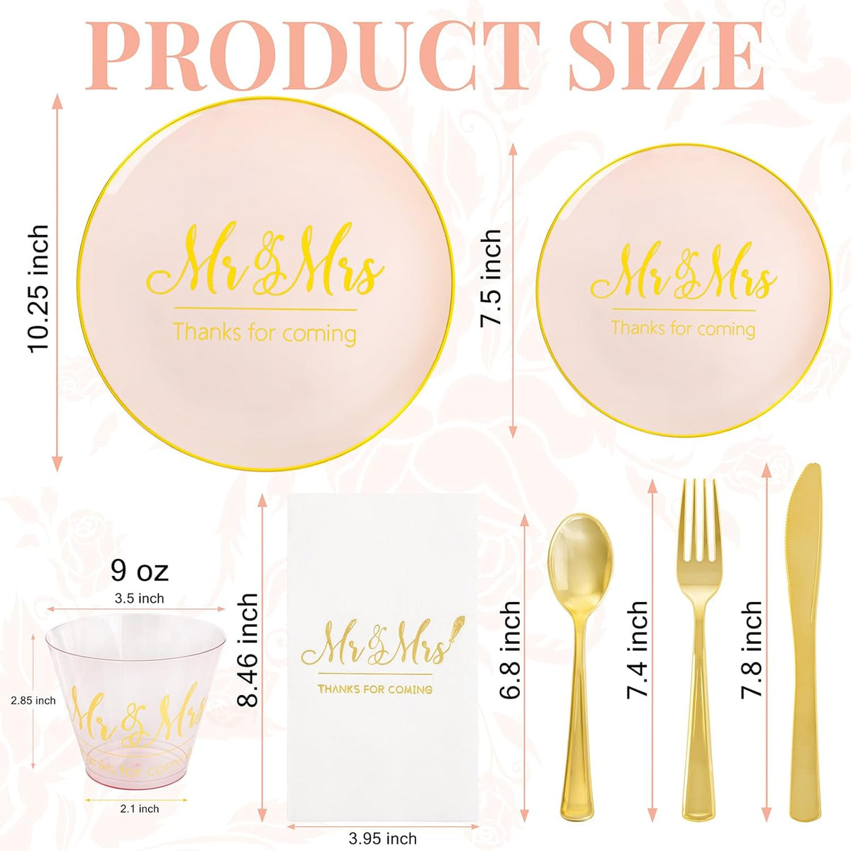 I00000 Mr and Mrs Wedding Pink Plastic Plates and Napkins Set,Bridal Shower Plates Set for 25 Guests Include 25 Dinner Platos,25 Dessert Platos,25 Cups,25 Napkins,25 Cutlery for Engagement Party Decor