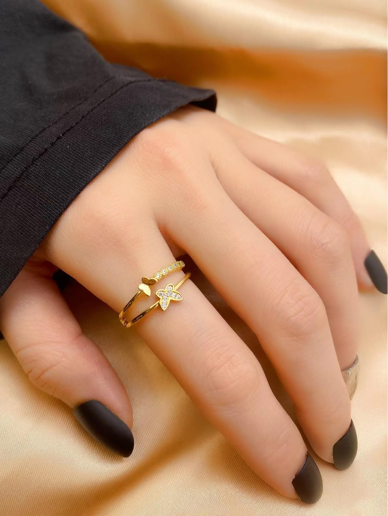 JONAYUOV 18k Gold Plated Adjustable Butterfly Ring Cubic Zirconia Simulated Diamond Ring for Women (Gold F)