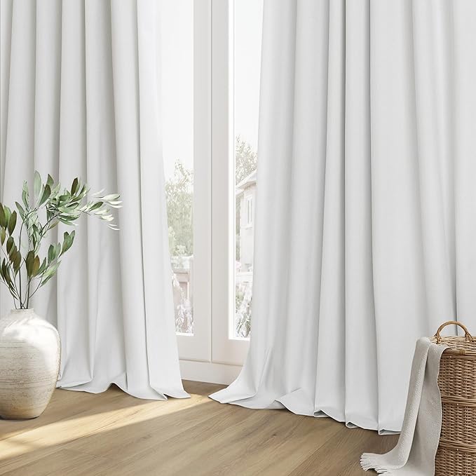 Guken White 100% Blackout Linen Curtains 108 Inch Length 2 Panels Set for Living Room Bedroom Back Tab Thermal Insulated Black Out Drapes Room Darkening Farmhouse Window Curtains 52x108