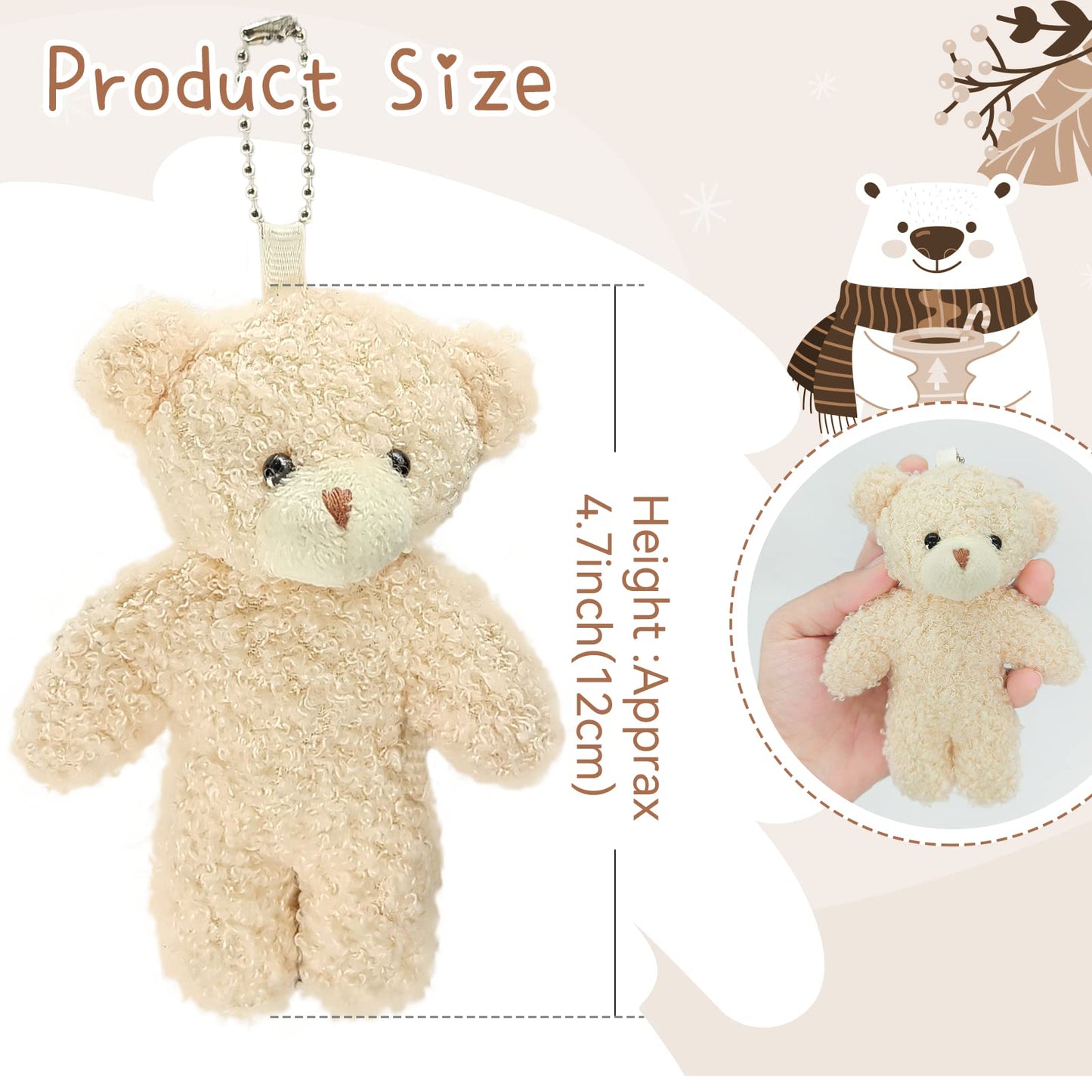 WEGUTATS 12 Pack Brown Mini Teddy Bears 4.7 inch Tiny Soft Stuffed Teddy Bear Small Plush Bears Bulk for Birthday Party Decor Favors Bag Keychain