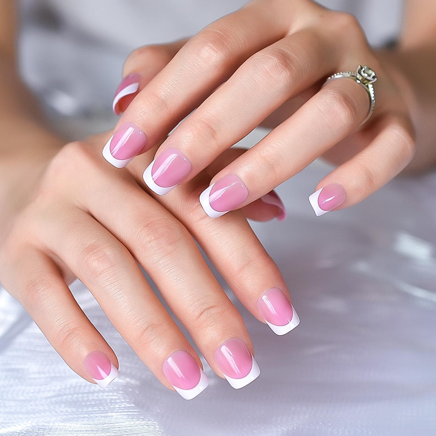 Pink White French Press On Nails Short - IKISKT Acrylic False Nails, Glue On Nail with Glue Sticker,Fit Perfectly & Natural Stick On - 24PCS UV Gel Fake Nail Kit, Baby Pink French