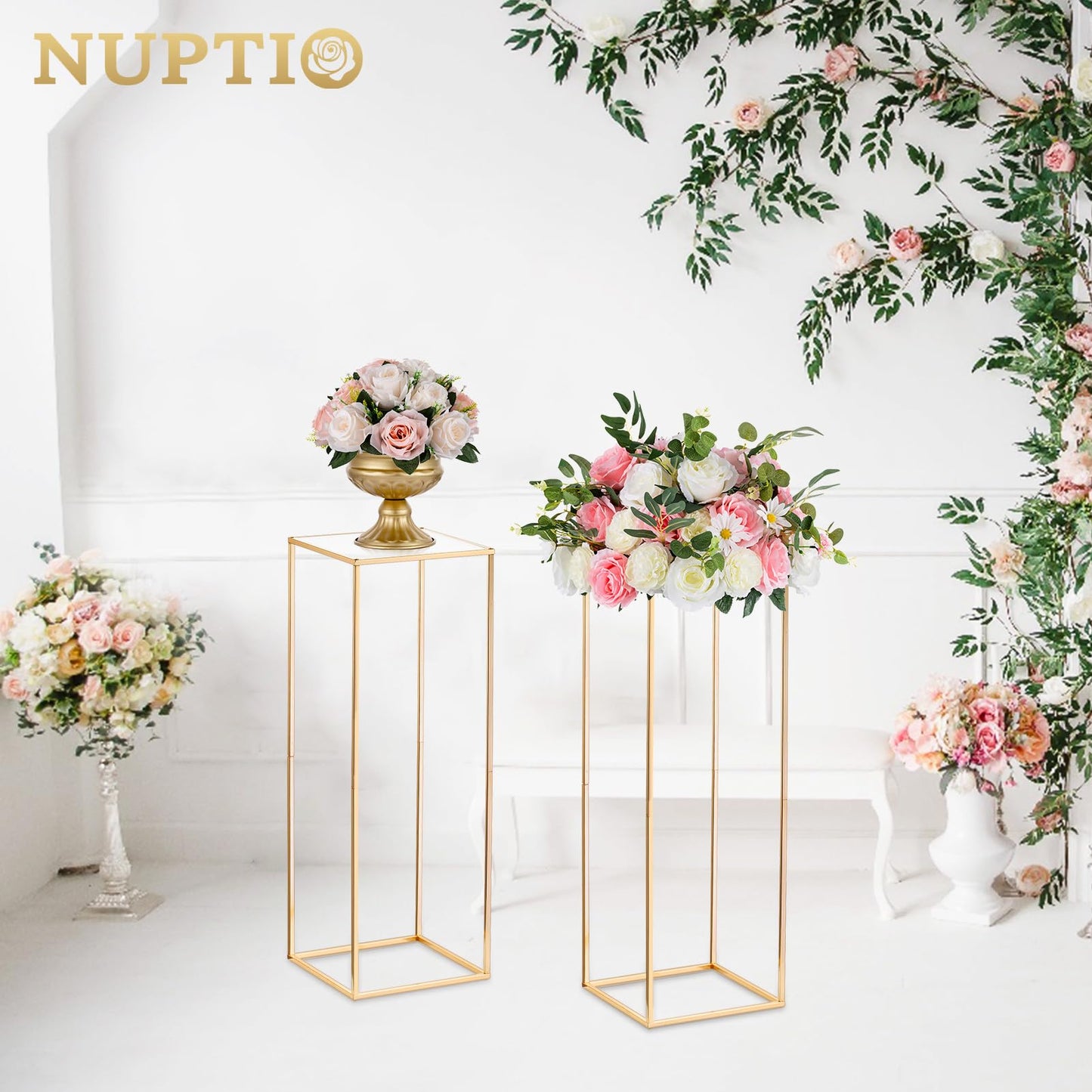 NUPTIO 2 Pcs Metal Flower Floor Vase Column Geometric Centerpieces Flower Stand for Tables, 31½ inch Tall Gold Flower Holder for Home Party Wedding Decorations, Rectangular Display Rack