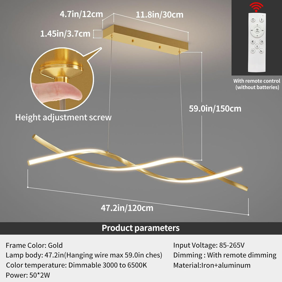 Modern Ceiling Pendant Light, with Remote Control Dimmable 3 Color Mode & Brightness Ceiling Lamp, Anti-Flicker Dining Light Fixture for Kitchen, Dining Room (Gold)