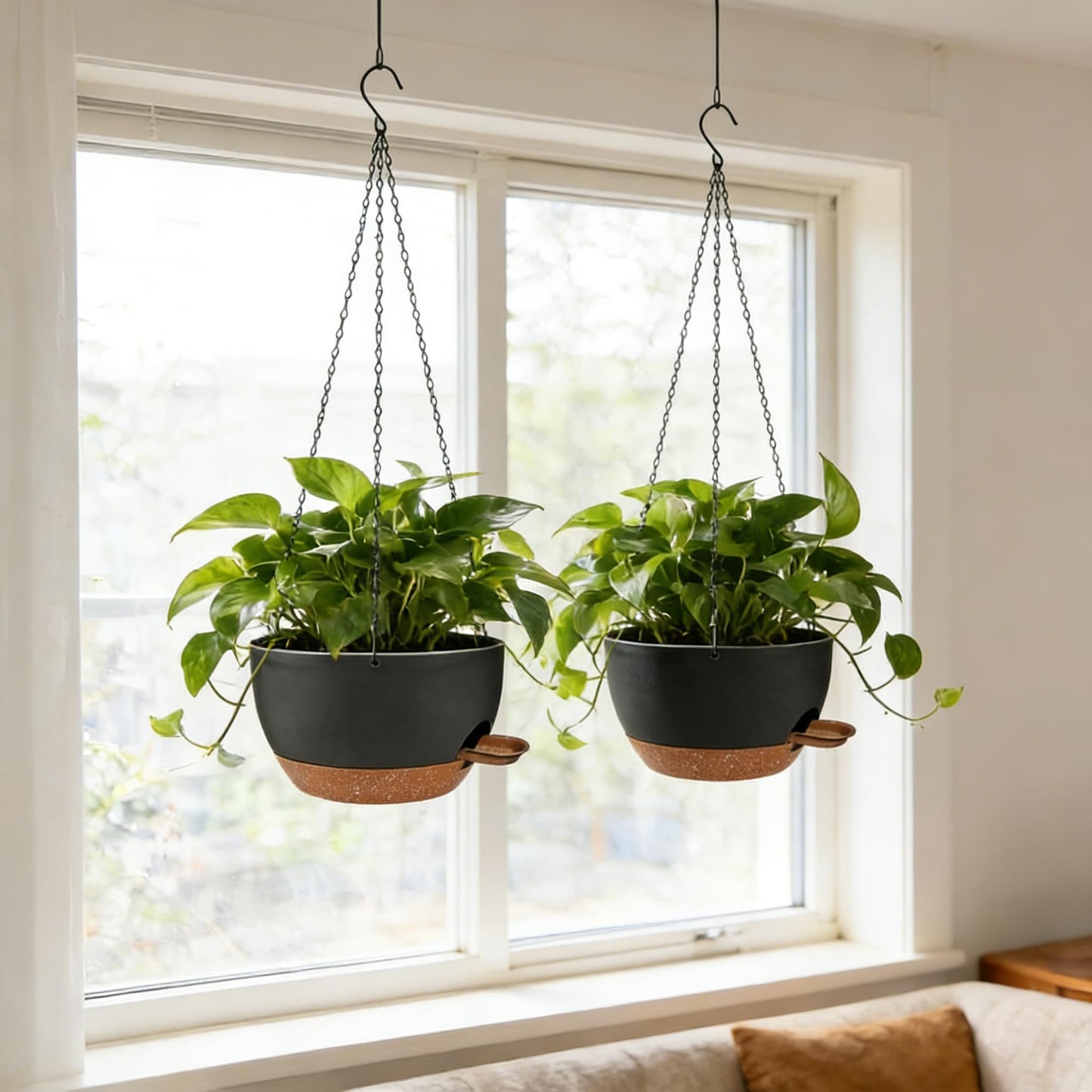 CNLBO 12 Inch Self Watering Hanging Planters 2 Pack, Indoor Outdoor Hanging Pots for Plants with Drainage Holes & Saucers, Black Brown Plastic Hanging Baskets for Kitchen Balcony Garden