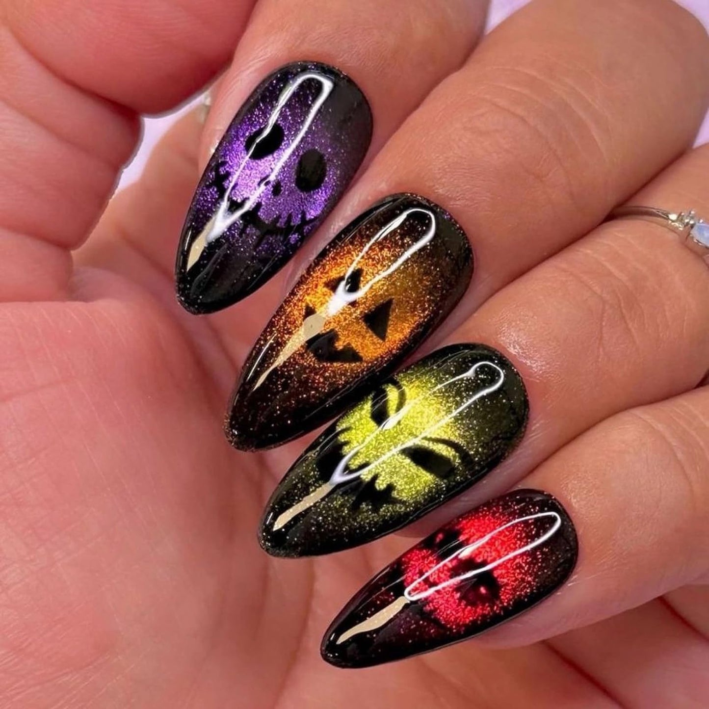 MISUD Press on Nails - Medium Almond Fake Nails with Goth Black Acrylic Halloween Ghost Design 24 pcs