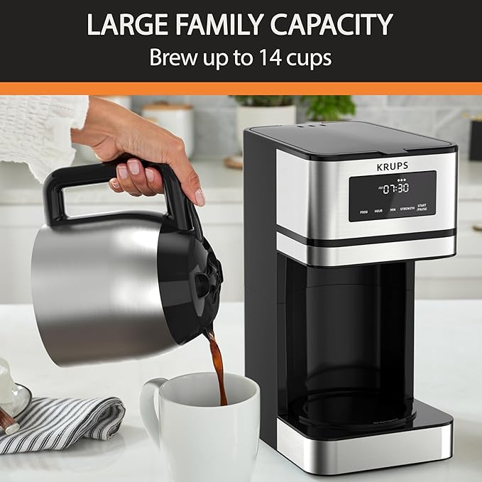 Krups Simply Brew Stainless Steel and Thermal Carafe Drip Coffee Maker 12 Cup Programmable, Customizable, Digital Display, Insulated Coffee Filter, Dishwasher Safe, Drip Free Silver and Black
