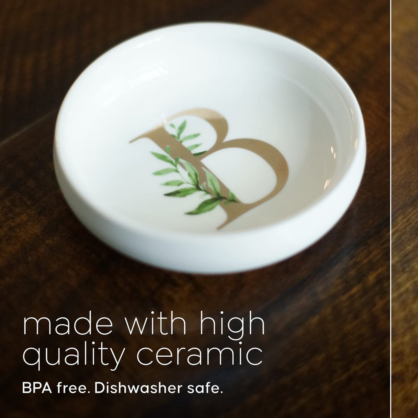 Trinket Tray Ring Dish with Personalized B in Gold Foil and Greenery - White Ring Dish - Monogrammed Trinket Dish or Jewelry Bowl - Cedar & Ink (B)