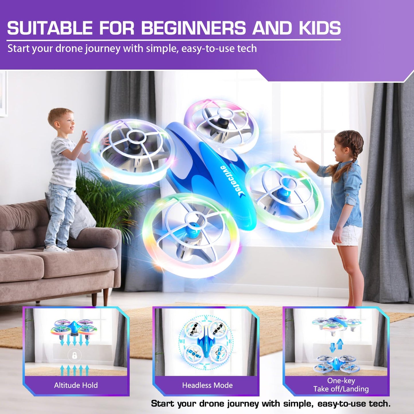 Mini Drone for Kids and Beginners - RC Mini Quadcopter with 360° Flip, Headless Mode, One-Key Ascend/Descend, Colorful LED Lights, Small Indoor Helicopter, Gift for 6+ Boys and Girls, 2 Batteries