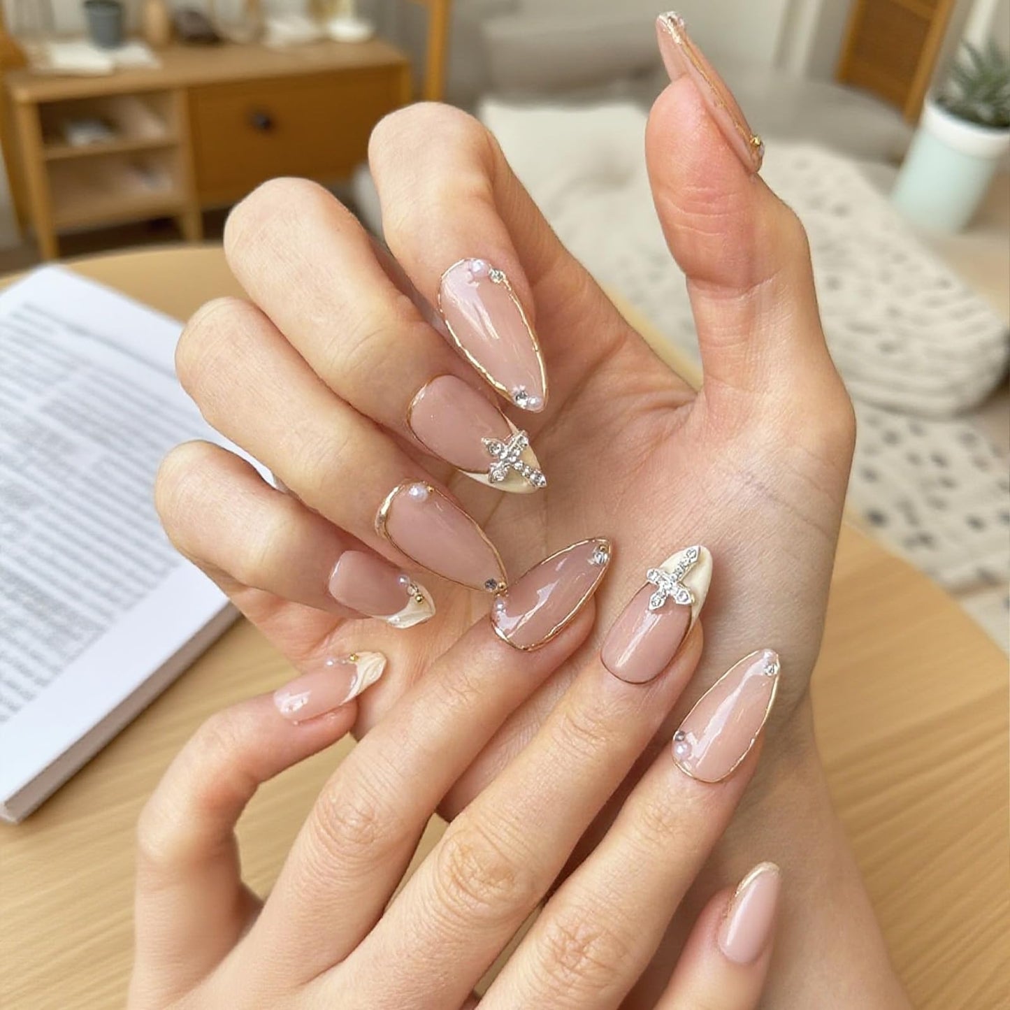 Luxury Handmade false nails，3D Gold French Cross Press-On Nails – Medium Almond Shape False Nails with Rhinestone Embellishments, Elegant Reusable Stick-On Nails(10PCS-S)