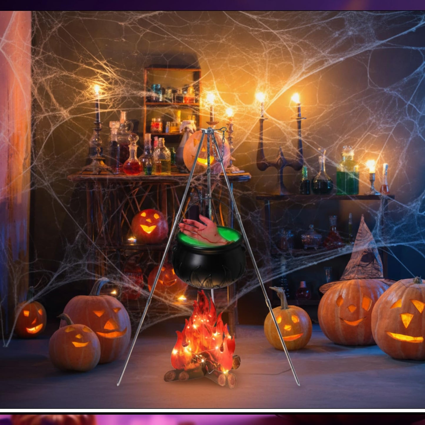 WinnerWhy 9 Pcs Large Witches Cauldron Halloween Decor Set Cauldron on Tripod with Spider Webs Fake Fire String Lights Fake Hand for Halloween Indoor and Outdoor Party Supplies
