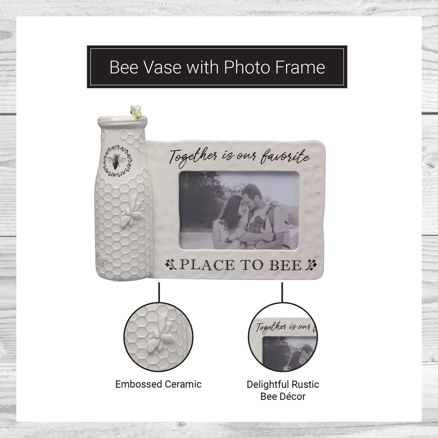 youngs Inc Ceramic Bee Vase w/Photo Frame, White, Black, 11.25" Length x 3.00" Width x 8.00" Height